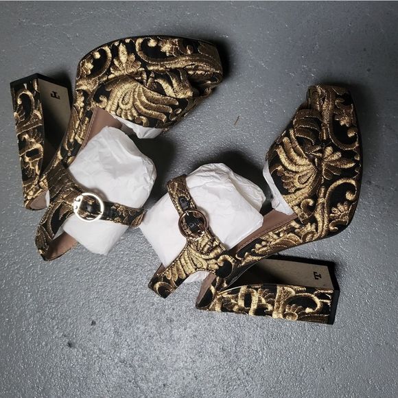 Tory Burch Black and Gold Loretta Wedge Velvet Sandal Platform Heels Shoes - Picture 2 of 4